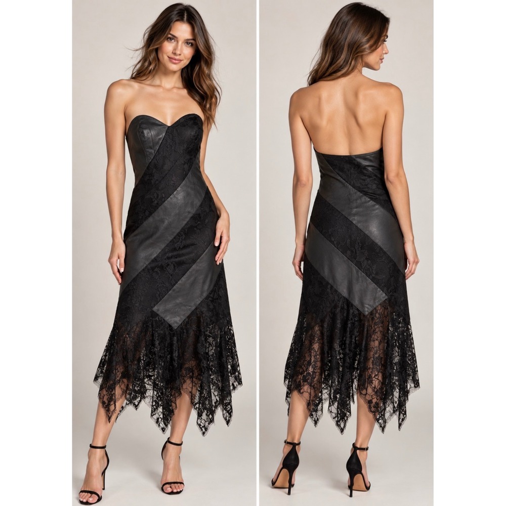 David Howard Y2K Strapless Sweetheart Neck Lace Faux Leather Goth Dress S